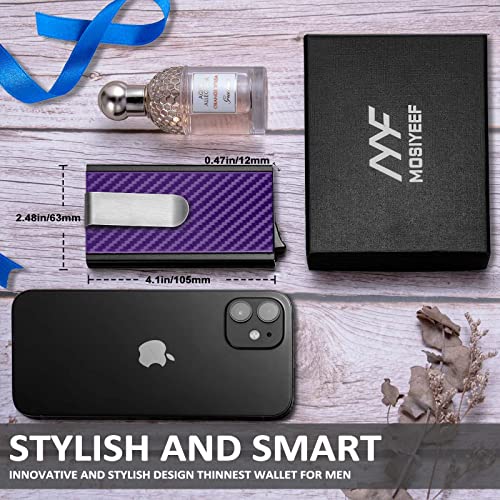 Image of MOSIYEEF Slim Leather Card Holder RFID Wallet for Men - Minimalist Pop Up Men Wallet with Money Clip-wrapped Compact Carbon Fiber Wallet for 6 Credit Cards - Gifts for Him, Lilac Purple