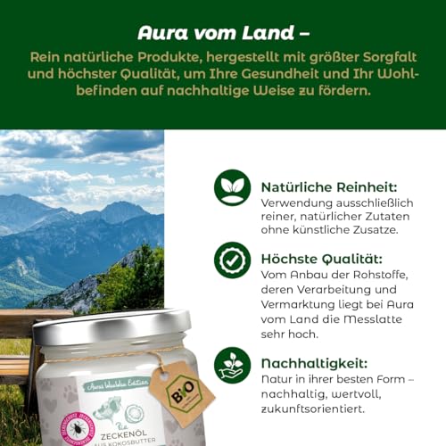 Zeckenöl Bio 250ml Premium & regional - aus Kokosbutter – Natürlicher Zeckenschutz Hund und Katze – Effektives pflanzliches Zeckenmittel & Flohmittel - Aura vom Land