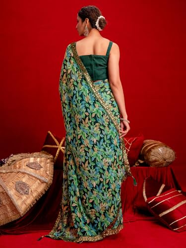 Image of SIRIL Women's Chiffon Printed Saree With Unstitched Blouse Piece
