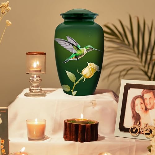 Image of Hummingbird Cremation Urn for Adult Human Ashes - Handcrafted Large Funeral Urn - Decorative Memorial Urn with Peaceful Floral Design for Men or Women, 200 Cu /in