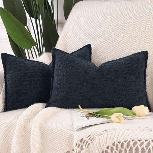Image of Madizz Pack of 2 Chenille Velvet Cushion Covers 30x50 cm Dark Blue Soft Neutral Decorative Throw Pillow Covers Accent Boho Pillowcases for Couch Sofa Modern Farmhouse Home Decor