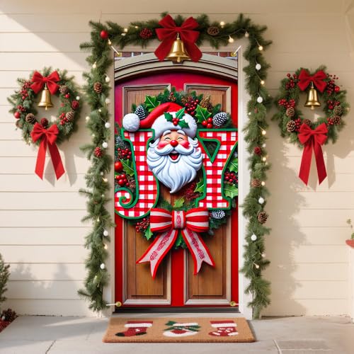 Image of JOY Sign Santa Face Red Gingham Christmas Door Cover 35x71in