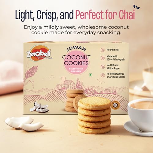 Image of Zerobeli Jowar Coconut Cookies 375g (Pack of 1) | Delicious & Healthy Snack | Wholesome Treat for All Ages | Crunchy & Natural Goodness I No Maida, No Palm Oil, No Preservatives | Protein-Rich
