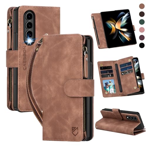 CAESBON for Samsung Galaxy-Z-Fold-4 Wallet Case: with RFID Blocking Card Slots (6 Cards) & Hidden S Pen Holder | Soft PU Leather Magnetic Snap Zipper Wrist Strap Protective Phone Cover - Brown