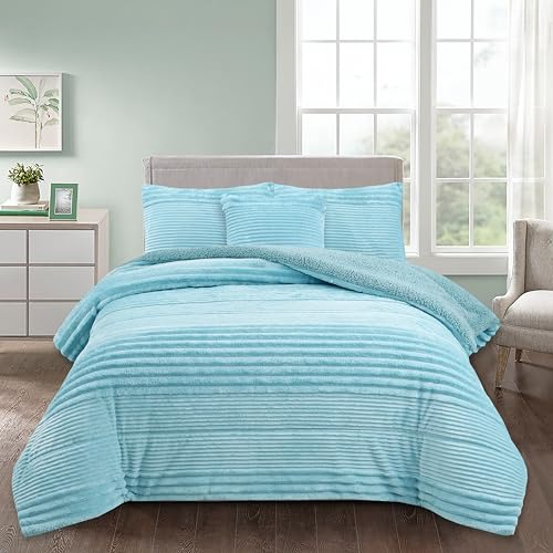 NOVOTEXTIL Edredón Invierno Sherpa Cama 90 (180x260) Extra Grueso 560gr/m2 Efecto Borreguito - Edredón Suave, Cálido y Transpirable con 1 Funda Almohada (50x70) (Oslo Azul)