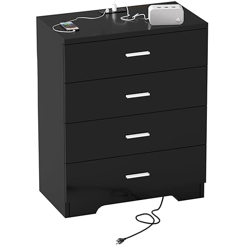 Dresser for Bedroom with Power Outlets Wood 4 Drawer Dresser with Large Organizer Tall Chest of Drawers Closet for Bedroom Living Room Kids Room Hallway