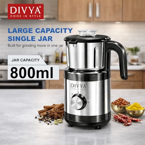 Image of DIVYA Rock Steel One Jar Mixer Grinder for Home Kitchen | 800 ml Dry Grinder Jar | 100% Copper Motor | 304 Stainless Steel Blade | 2 Speed Control with Pulse | Stainless Steel Body
