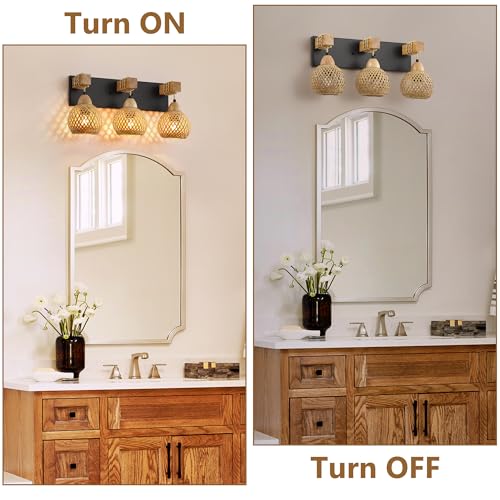 Image of LmnLvn Farmhouse Bathroom Light Fixture, 3-Light Boho Vanity Light, Bamboo Bathroom Light Fixture Over Mirror Rustic Vanity Lighting with Handmade Bamboo Shades, Suit for Restroom, Bedroom, Hallway