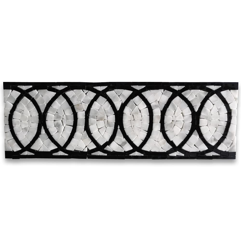 Stone Center Online Eternal Rings Carrara White Nero Marquina Black 4x12 Marble Mosaic Border Listello Tile Polished Kitchen Bath Wall Floor Backsplash Shower (1 Piece)