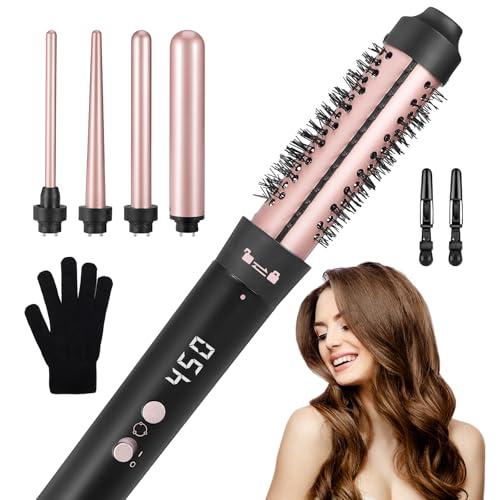 5 in 1 Lockenstäbe Set mit Multifunktionaler Lockenbürste 32mm und 4 austauschbaren Lockenwickler 9-32mm, Einstellbare Temperatur, Lockeneisen Keramik mit Handschuhe für Große und Kleine Locken