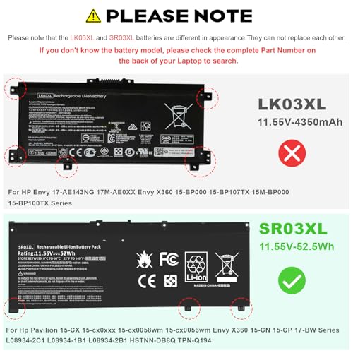Image of SR03XL L08855-855 Battery Replacement for Hp Pavilion 15-CX 15-cx0xxx 15-cx0058wm 15-cx0056wm Envy X360 15-CN 15-CP 17-BW Series for hp pavilion laptop 15-cx0xxx battery SR04XL 52.5Wh 4550mAh