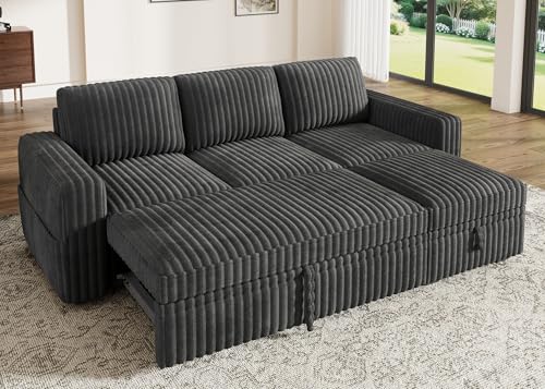 Image of HONBAY Modular Sectional Sofa with Pull Out Bed,Corduroy L Shaped Sleeper Sofa with Storage, Sectional Couches for Living Room,Dark Grey