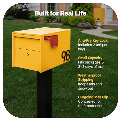 Image of Adoorn Lockable Post Mount Mailboxes for Outside - Small Anti-Theft Locking Mailbox for Packages and Letters - Weatherproof Construction - Durable Steel - 12 inch H x 12 inch W x 18.5 inch D - Yellow