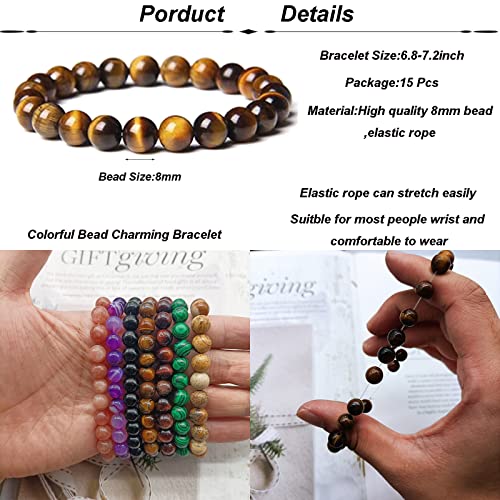 SONNYX 15 PCS 8mm Gorgeous Semi-Precious Gemstones Bracelets Round Beaded Bracelets for Women Men Stone Crystal Stretch Beads Bracelet Unisex3