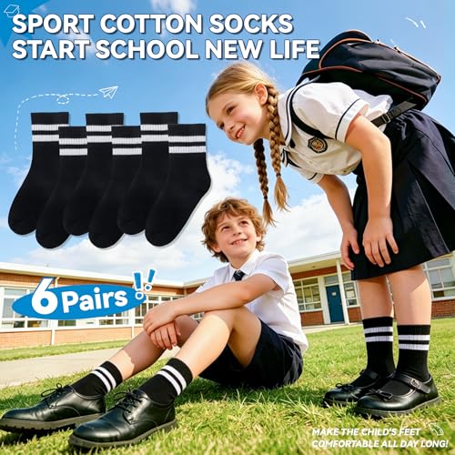 Image of Eyean Kids Athletic Crew Socks Boys Girls Cotton School Uniform Casual Basic Socks 6 Pairs