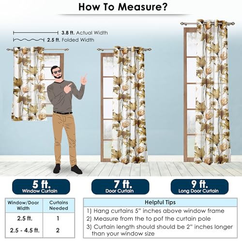 Image of Window Curtains 5 Feet Long Set of 2 |Light Filtering Curtains for window |Floral Design Polyester Curtain and Drapes for Living Room 118 x 152 cm, Off White & Brown|Perfect for Home Decor