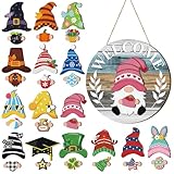 Qunclay Interchangeable Wooden Gnome Decor Holiday Seasonal Gnome Decorations with Magnet Pieces and Detachable Hats Changeable Welcome Sign for Home(Cute Style)