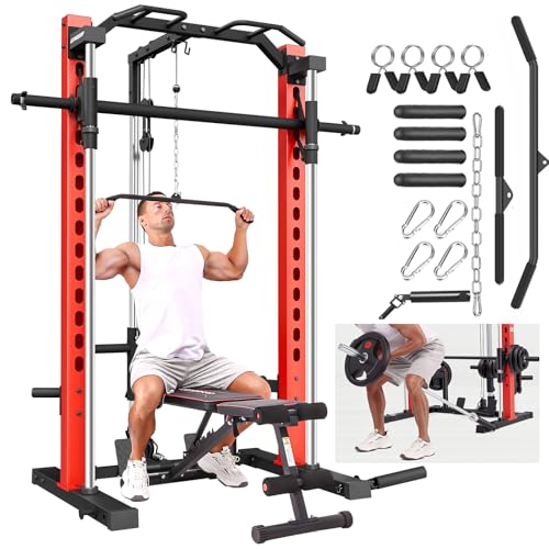 OPPSDECOR All-in-One Adjustable Smith Machine with LAT-Pull Down System Multi-Function Power Cage for Home Gym Cable Crossover Squat Rack of Workout Machine Training Equipment with Attachments