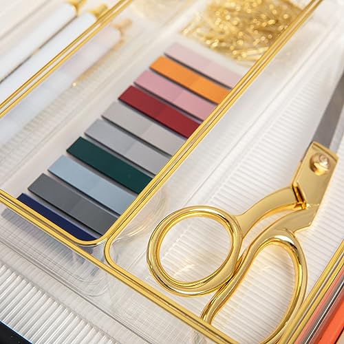 Image of Martha Stewart Kerry Plastic Stackable Office Desk Drawer Organizers, 12 inch x 3 inch, 6 Pack, with Gold Trim