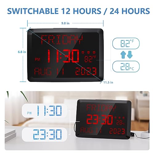 Raynic Digital Clock, 11.5" Large Display Digital Calendar Clock with Day and Date, Indoor Temperature, Adjustable Brightness, Snooze,12/24H, DST for Home, Office, Elderly by Raynic - Image 5