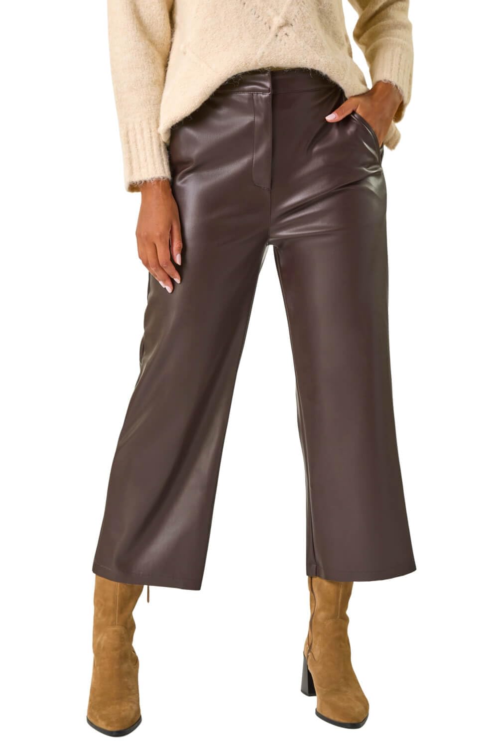 Roman Originals Women's Chocolate Faux Leather Wide Leg Crop Trousers For Uk - Everyday Autumn Winter Comfy Soft Evening Vacation Work Party Night Out - Size 20