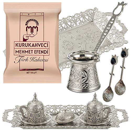 Turkish Coffee for Serving Set - 14 Pieces - Turkish Coffee - Porcelain Cups with Large Tray Saucers Pot Sugar Bowl - 2 Spoons Vintage Engraved Embroidered Design - Boxed Best Gift Idea Silver