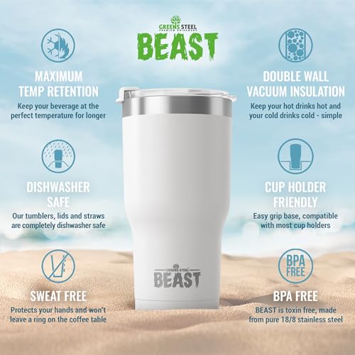 Image of Beast 30 oz White Tumbler Stainless Steel Insulated Coffee Cup with Lid, 2 Straws, Brush & Gift Box by Greens Steel (30 oz, Arctic White)