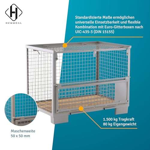 HEMMDAL Euro-Gitterbox mit halb abklappbarer Längswand | 1.500 kg Tragkraft | HxBxT 97 x 124 x 83,5 cm | Grau | 5 x 5 cm Maschenweite | aus Stahl | stapelbar| Gitterbehälter
