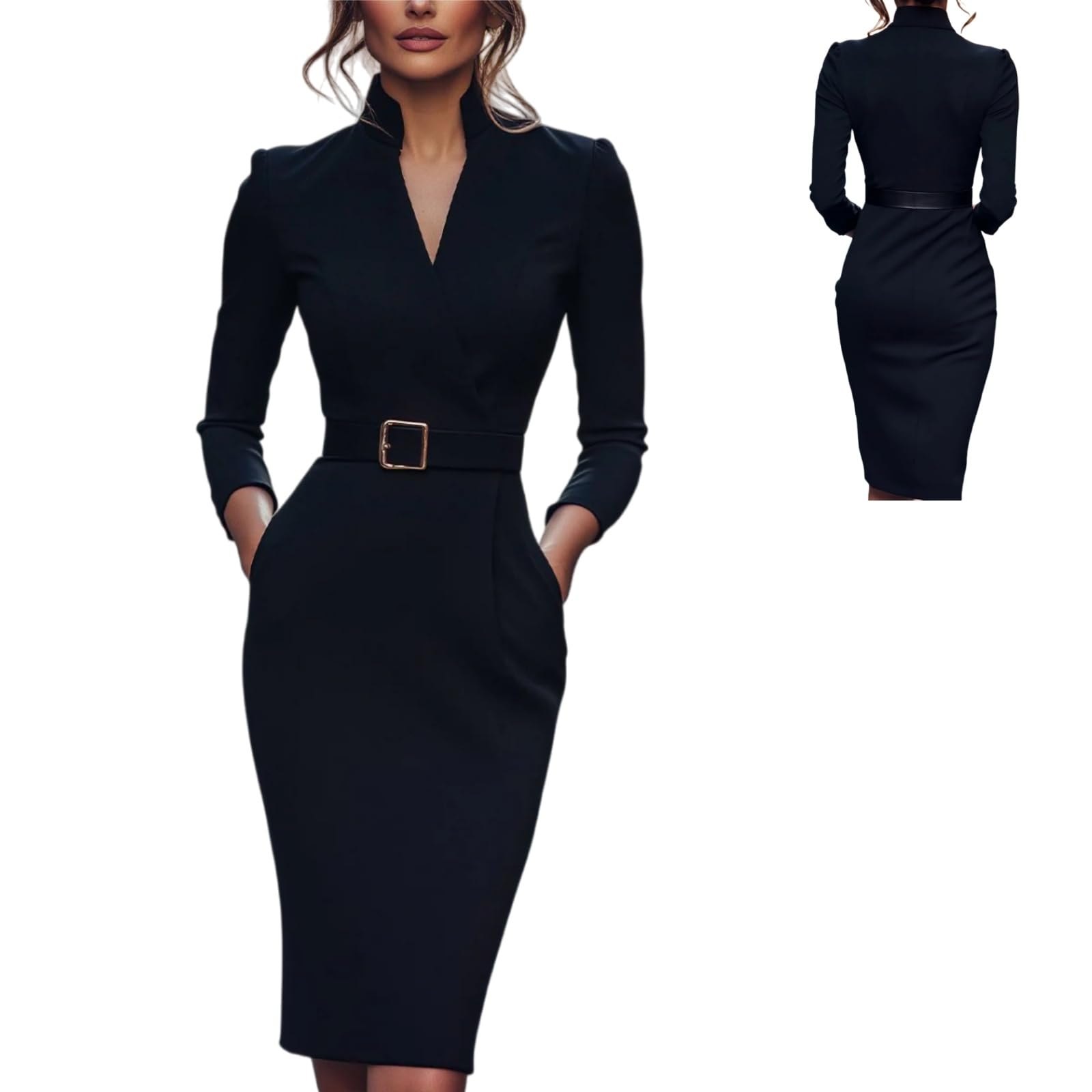 Blazer Dress for Women Refined Belted Sheath Dress with Mandarin Collar Fall Long Sleeve Work Dress Church Funeral
