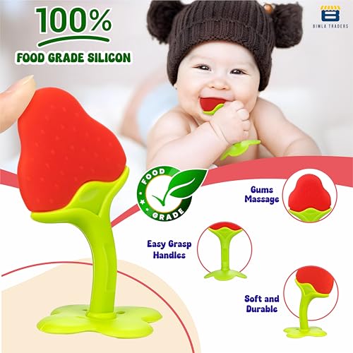 Image of Baby Tree and Fruits Shape Teether Teething | Natural Organic Freezer Safe for Newborn Infant, Babies | Silicone BPA Free | Gum Pain Relief 3D Soother Set (Pack of 1, Strawberry)