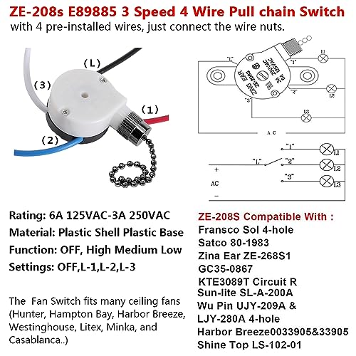 Image of Ceiling Fan Switch Zing Ear ZE-208s E89885 3 Speed 4 Wire Pull Chain Switch Fan Light Switch Replacement Part with 4 Pre-Installed Wires(Black Chain)