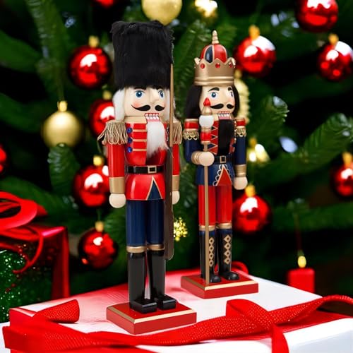ENLAYER 2PC Nutcracker Figures Set of 15 Inch Christmas Decorative, Nutcracker Puppet Wooden Pure Hand-Painted Nutcracker, Festive Collectible Puppet Toy Kids Gifts Christmas Decorations (15Inch-BB) - Thumbnail 6
