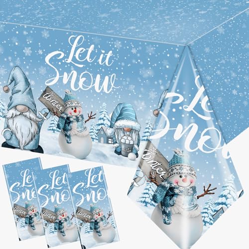 Image of 3Pcs Gnome Tablecloth, Christmas Snowflake Rectangle Winter Wonderland Table Cover for Holiday Party Supplies, 108180cm