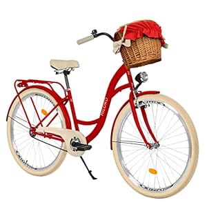 Comfort fiets stadsfiets met rieten mand vintage damesfiets Nederlandse fiets, 28 inch, rood, 1 versnelling