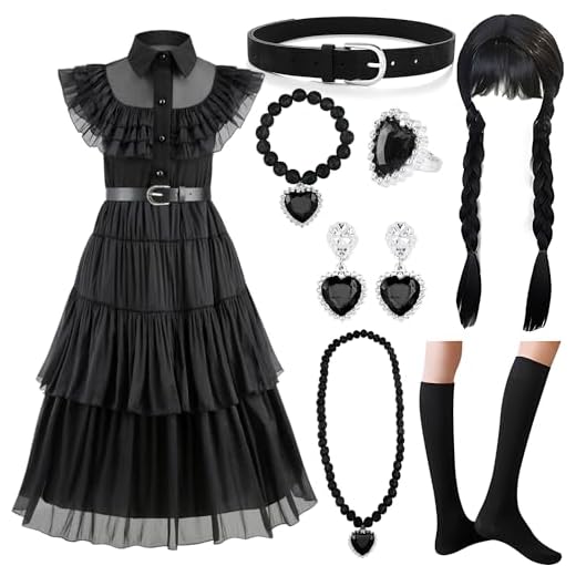 NCKIHRKK 8pzs. Kit de Disfraz Halloween para Niña, Halloween Disfraz Vestido con Peluca y Accesorios de Joyería, Vestido Costume Niña 5-6 Años para Cumpleaños Halloween's Carnaval Cosplay Fiesta, 120