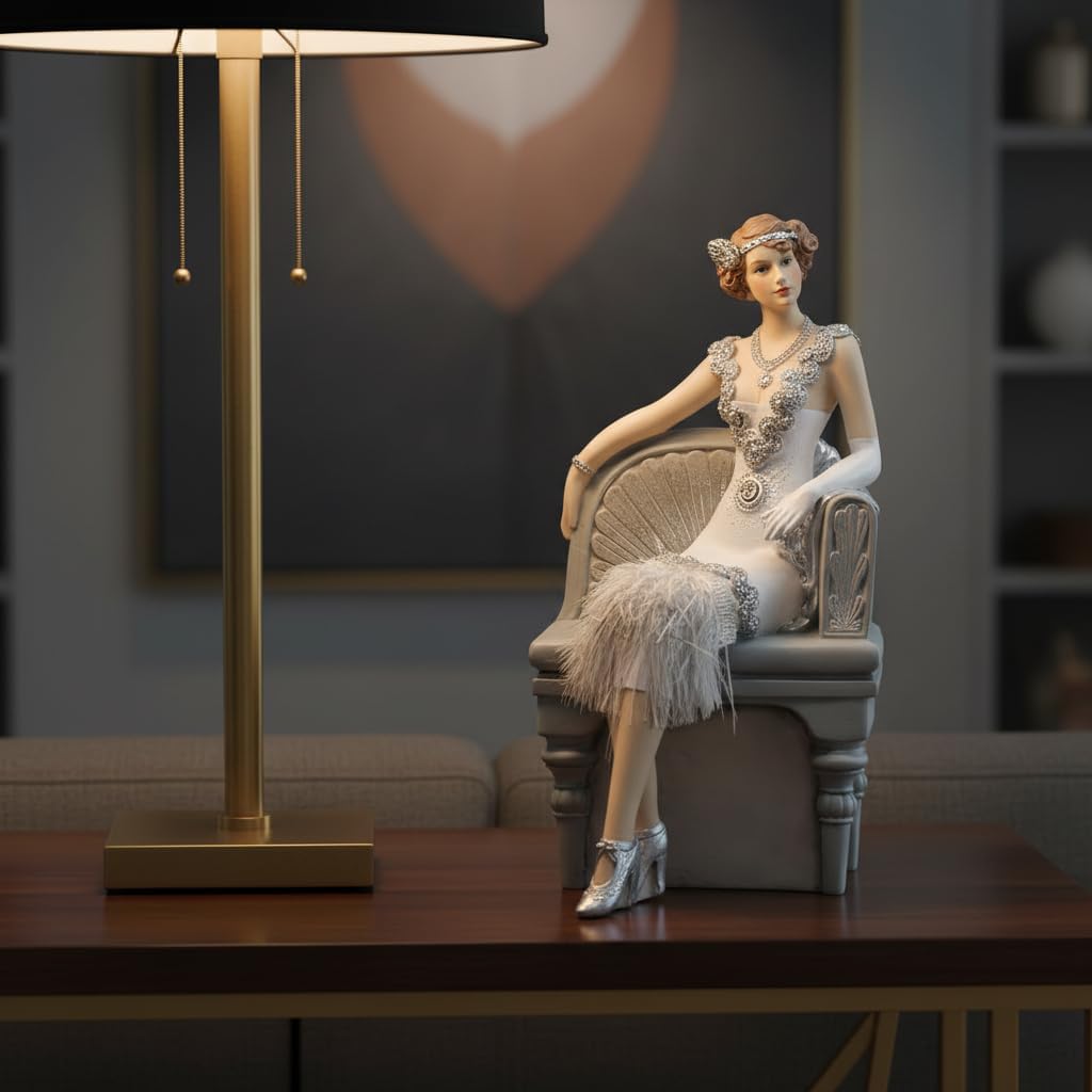 Comfy Hour 9.5" White Fringe Dress Resin Art Deco Lady Figurine, Roaring 20s Elegant Woman Statue Sitting on Chair, Antique Vintage Home Decor Accent