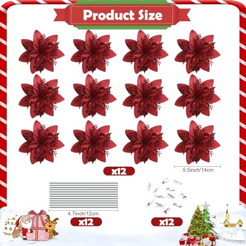 Yasdyri Christmas Poinsettia Flowers 12 Pcs Glitter Tree Decorations With Clips and Stems for Xmas Ornaments (Red)