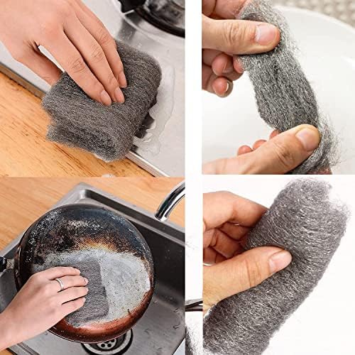 Saijer Steel Wire Wool,4 Pieces Steel Wool Grade 0000 Steel Wool Mice Cleaning Wire Wool Pads Ultra Fine Steel Wool Tool Rodent Control Hardware Cloth for Kitchen Wood Glass Metal Cleaning Polishing