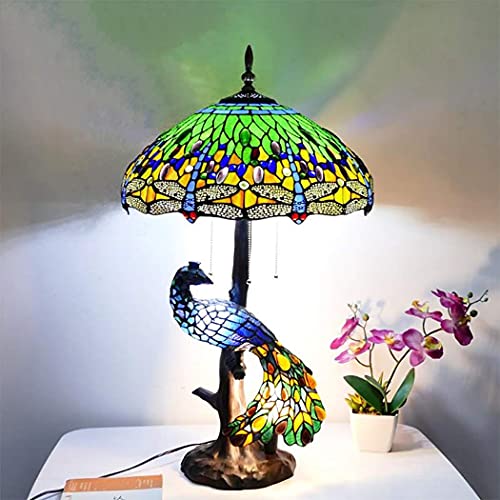 Peacock Tiffany Style Stained Glass Table Lamp, Vintage Handmade Decorative Desk Lamp Pull Cord Switch Reading Lamp For Living Room, Bedroom, Wedding Room, Villa,Greendragonfly #TOP1