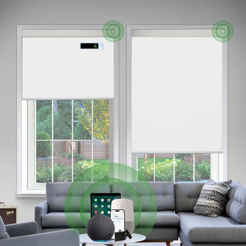 DONGFXK Motorized Roller Blinds, Blackout Automatic Shades with Solar Panel Cordless Smart Blinds for Windows, Custom Electric Blinds Horizontal Roller Shades with Remote Control,White,32