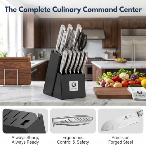 Image of imarku 15PCS Kitchen Knife Set with Block,High Carbon Stainless Steel,Black | Built-in Sharpener,Dishwasher Safe,Ergonomic Non-Slip Handle,Space-Saving Knife Block,Ideal for Daily Cooking & Gifts