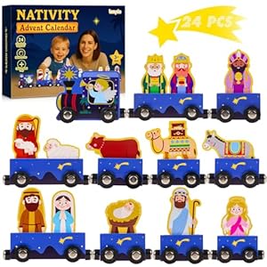 nativity advent calendar 2025 kids, 24 days wooden nativity train set, toddler christmas nativity play set, unique christian xmas countdown gifts for children baby boys & girls
