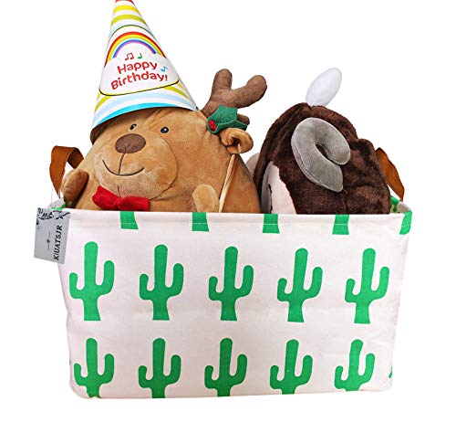 Image of Rectangle Storage Basket Cute Canvas Organizer Bin for Pet /Children Toys, Books, Clothes Perfect for Rooms /Playroom (Grren Cactus)