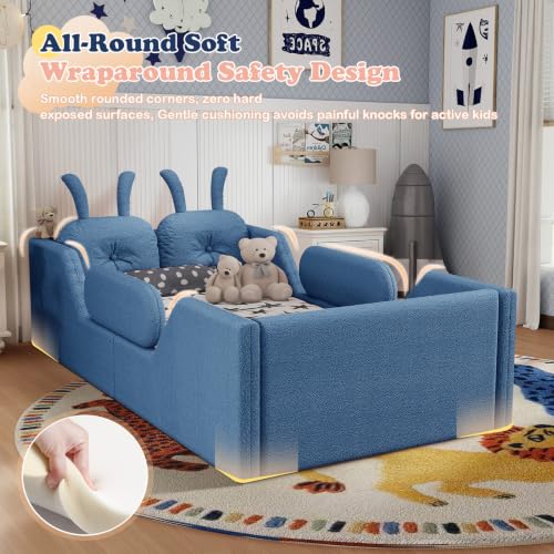 Image of Twin Bed Frame for Kids, Floor Platform Bed Rabbit, Blue