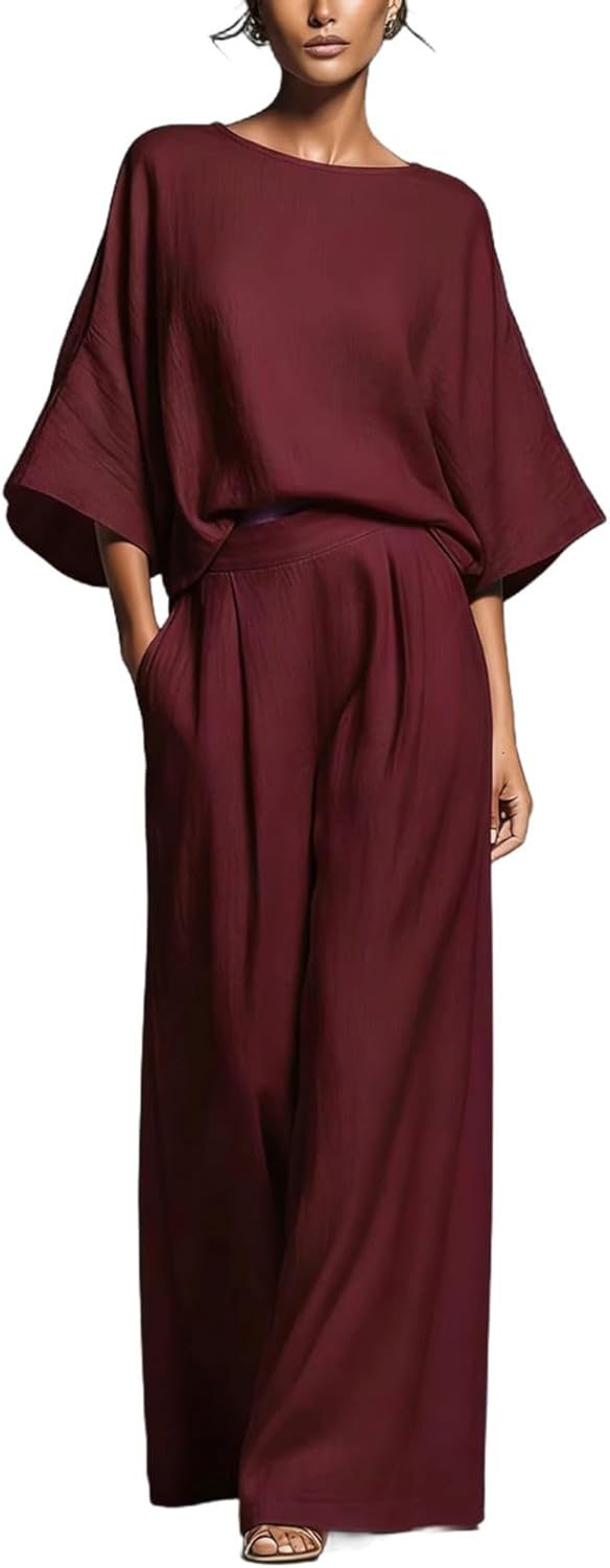 Womens 2 Piece Casual Oversized Outfit 3/4 Batwing Sleeve Round Neck Top and High Waist Wide Leg Pants with Pockets