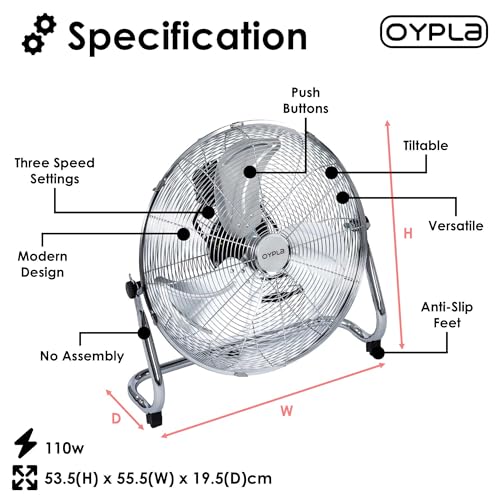 Oypla 3 Speed Floor Standing Gym Fan Hydroponic (Chrome, 18 Inch) - 2