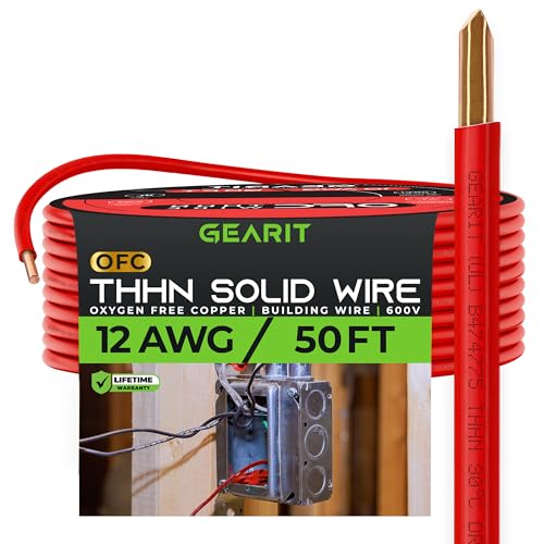 GearIT Solid THHN Wire (12 Gauge, 50 Feet) 100% OFC Electrical Building Wire, Rated for Up to 600 Volts, Single Conductor, Nylon Jacket, UL Listed/RoHs Compliant - Red, 50ft