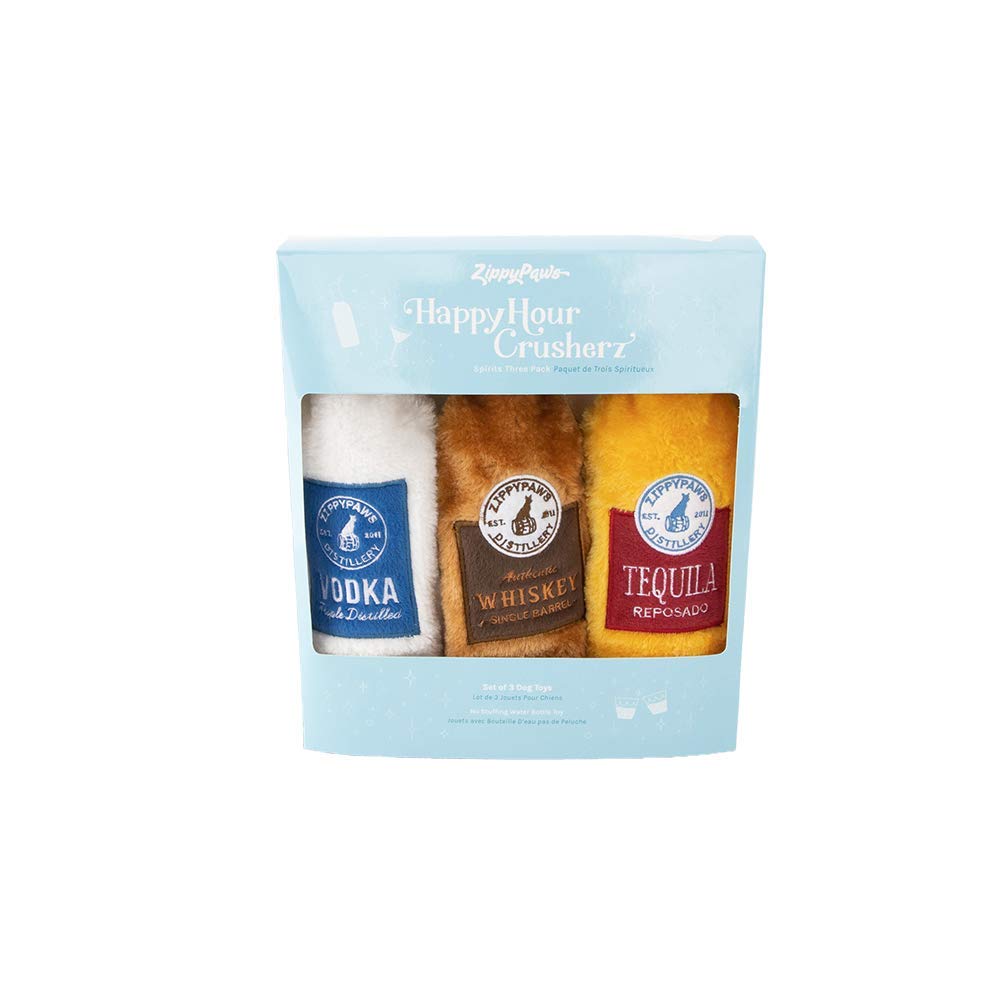 ZippyPaws Happy Hour Crusherz- Interactive Dog Toys to Keep Them Busy, Squeaky Plush Toy for All Breeds, Gift for Small, Medium, & Large Dogs, Drink Themed Crinkle Water Bottle Toy- 3-Pack of Spirits