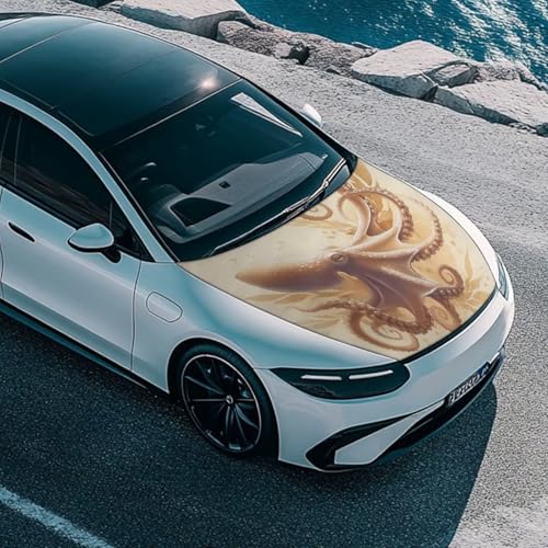 Image of Beige Octopus Car Hood Cover Stretchable Washable Automotive Exterior Accessories Classical Retro Art Octopus All-Season Protection Suitable for Most SUV Sedans