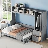 SOFTSEA Full Size Murphy Bed with Desk, Wardrobe Wall Bed with Storage Drawers, Closet, Shelves and Cabinet, Wood Foldable Bed Murphy Bed for Bedroom Guest Room Home Office, Gray